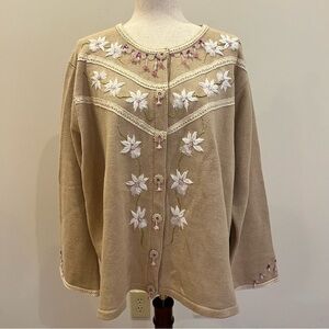 Storybook Knits Cardigan Women 3X Beige Pink Lace Embroidered Beaded Granny